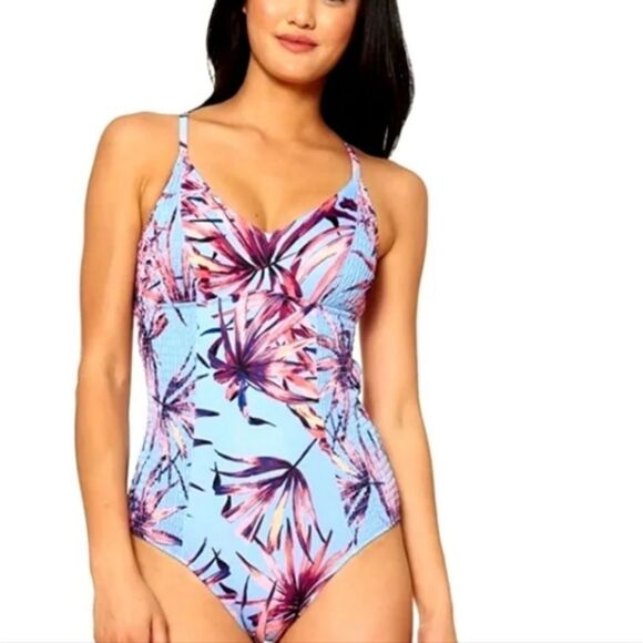 BRAND NEW JESSICA SIMPSON ONE-PIECE TROPICAL V-NECK SWIMWEAR Cross-back SWIMSUIT - Picture 4 of 16